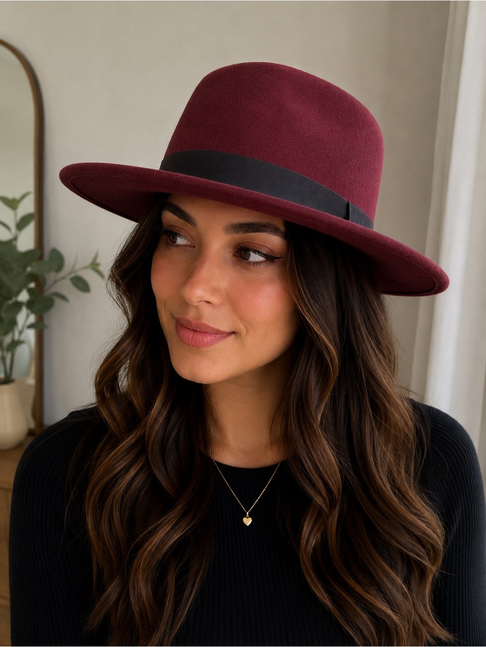 Forever 21 Women's Burgundy Wide Brim Fedora with Black Band